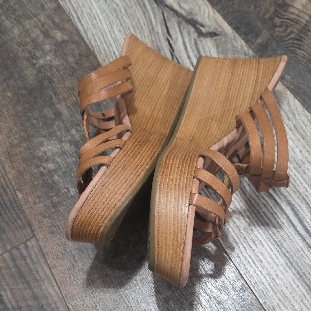 UGG Tan Leather Wedge Sandals